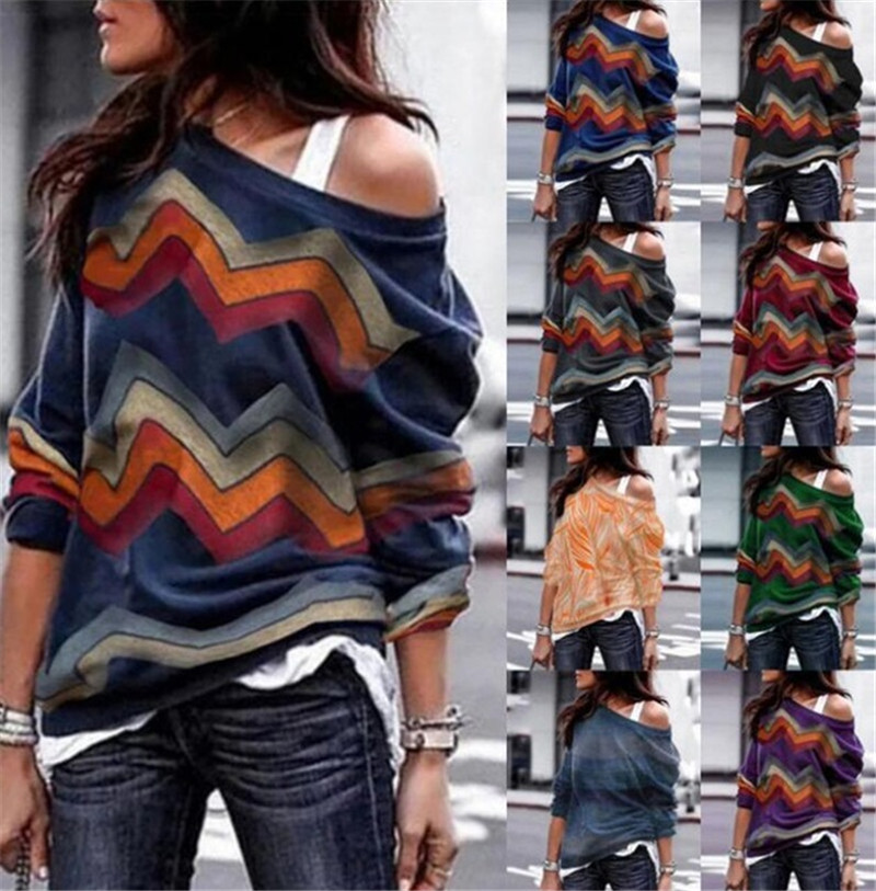 One Shoulder T Shirt 速卖通ebay露肩长袖几何印花街头上衣女T恤