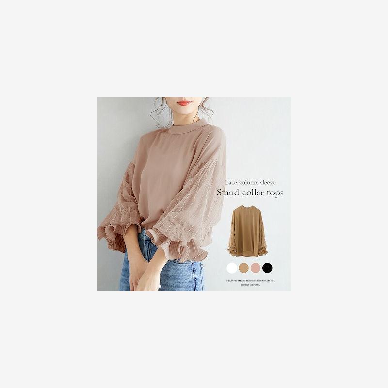 2023韩小立领蕾丝拼接荷叶袖