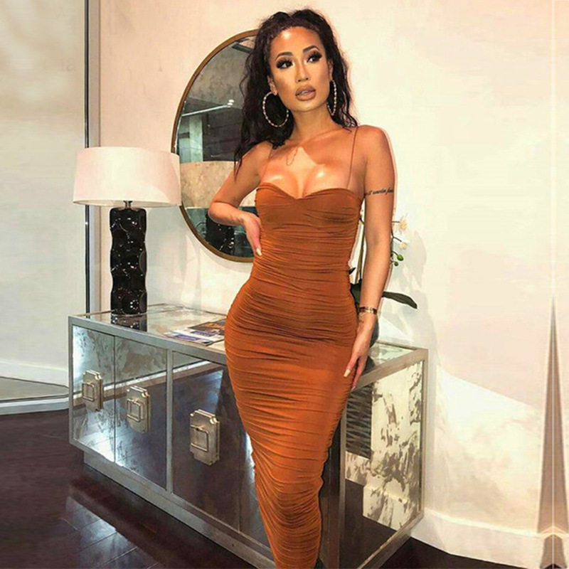 女褶皱吊带连衣裙Spaghetti Strap Long Bodycon Dress For Women