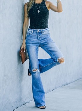 欧美秋季新款蓝色洗水破洞修身喇叭牛仔长裤Casual fashion jeans