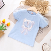 蓝泡泡袖 艾莎公主童装 夏新女童Elsa女王短袖 亮片上衣冰雪奇缘T恤