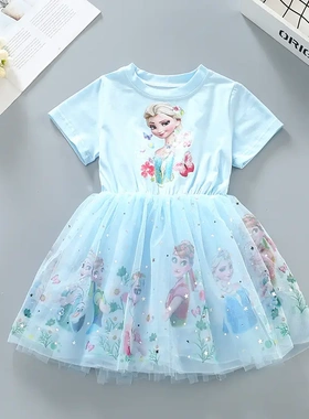 冰雪奇缘女童装夏短袖Elsa女王幼儿园小学生网纱裙艾莎公主连衣裙
