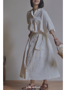 Grass&Wood白色亚麻半裙和纸工装长裙古董麻质下装织带穿扣小众新