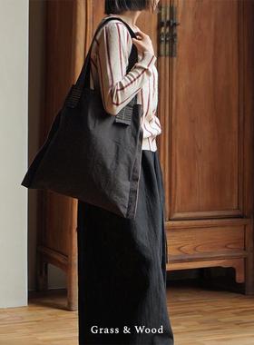 Grass&Wood撞色匹马棉单肩包手工感隔层电脑包厚实休闲高级托特包