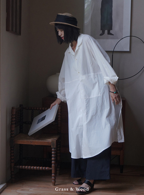 Grass&Wood高支高密白色衬衫纯棉轻上衣长袖防晒长衫飘逸小众罩衫