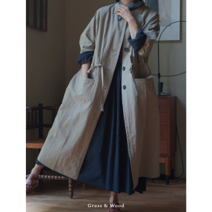 Grass&Wood棉锦单层风衣抽绳抗皱外套中长小众设计上衣秋新款