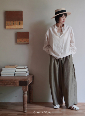 Grass&Wood柞蚕丝花瓣领衬衫光泽长袖套头衫文艺设计感阔腿裤套装