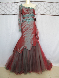 魅惑实拍法国原单重磅刺绣贴花钉珠单肩修身晚礼服宴会连衣裙孤品