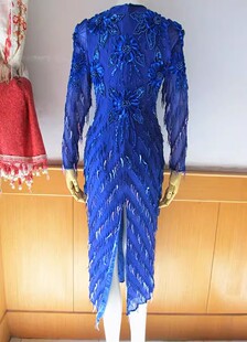 意大利原单真丝重工流苏钉珠修身晚礼服晚宴酒会演出连衣裙 孤品