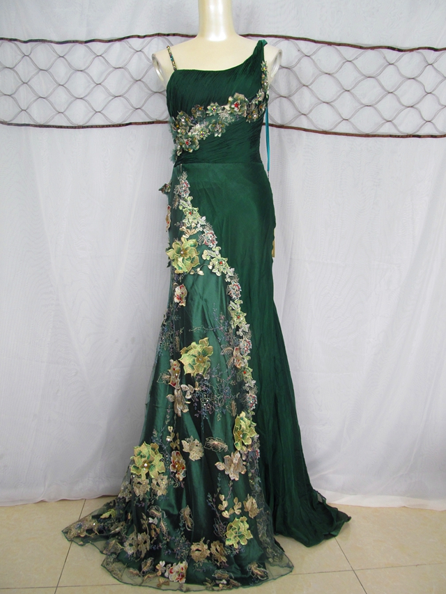 魅惑实拍法国原单重工钉珠刺绣贴花大气拖尾晚礼服年会连衣裙孤品