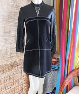 魅惑实拍2018新款个性PU拼接弹力布女士短款长袖朋克连衣裙 孤品