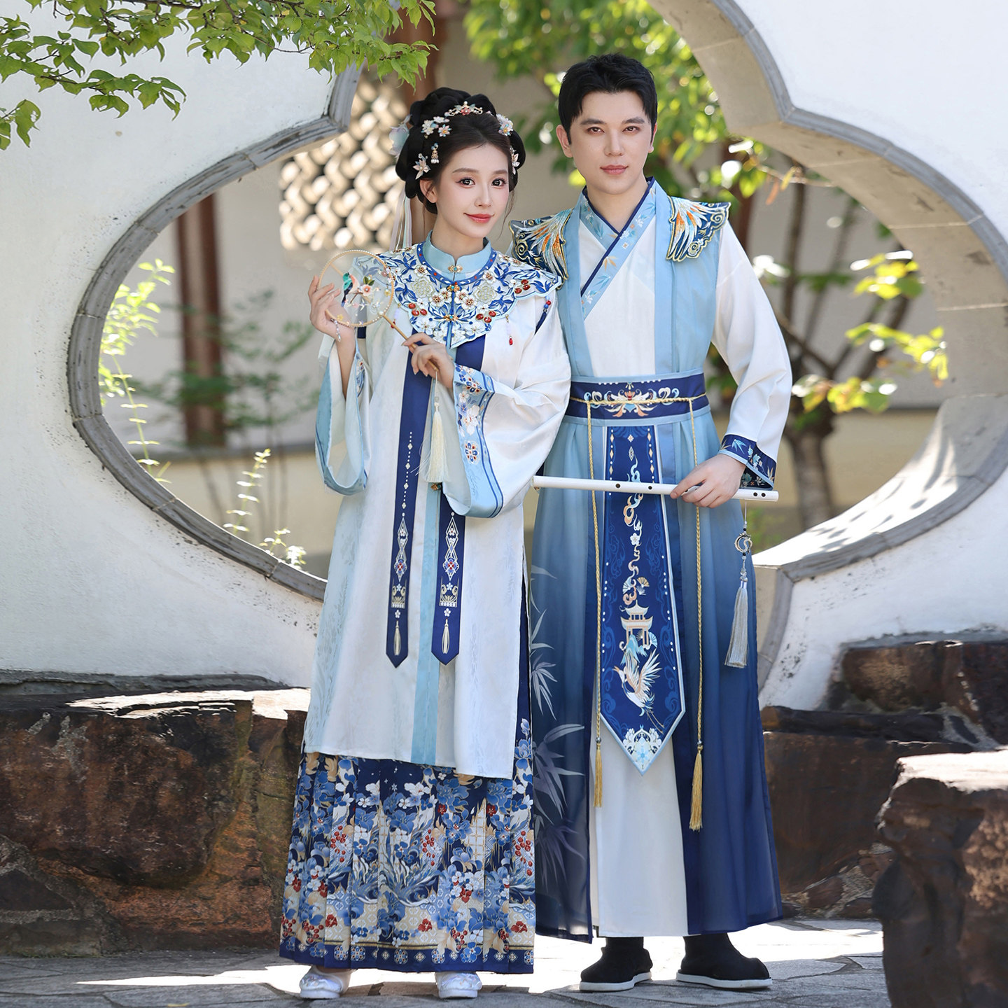 成人汉服中国风魏晋风汉服套装男女情侣款交领广袖刺绣蓝色古装