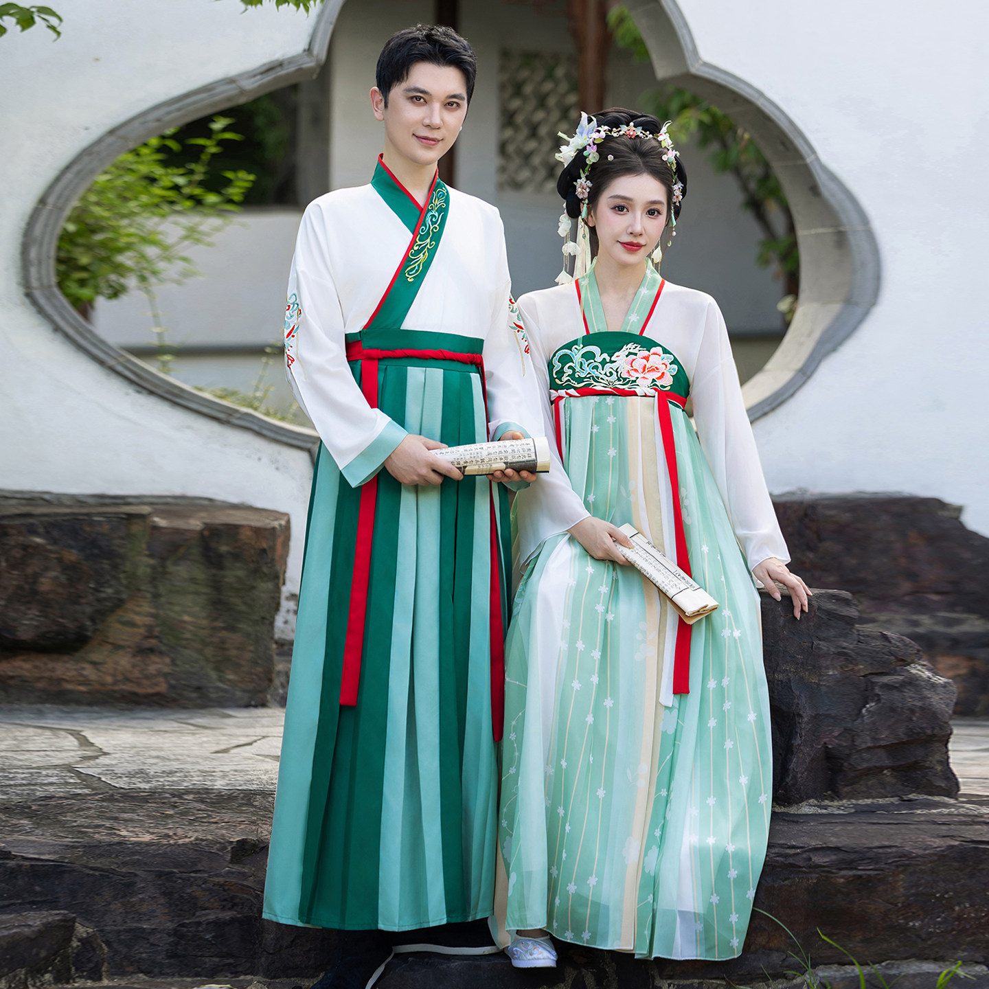 古风汉服男女情侣装国学服演出服绿色交领襦裙中国风古装