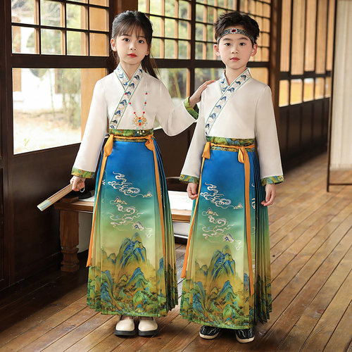 汉服女童儿童国风唐装男童古装演出服小学生新款马面裙春秋款长袖