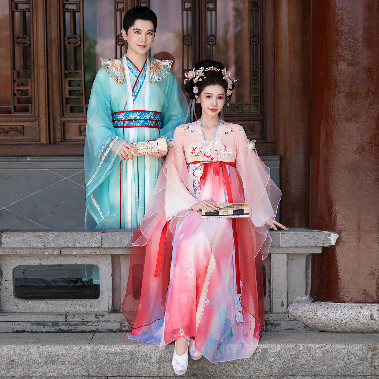 丫贝比成人古风汉服男女情侣装仙气齐胸襦裙刺绣国风舞台演出服