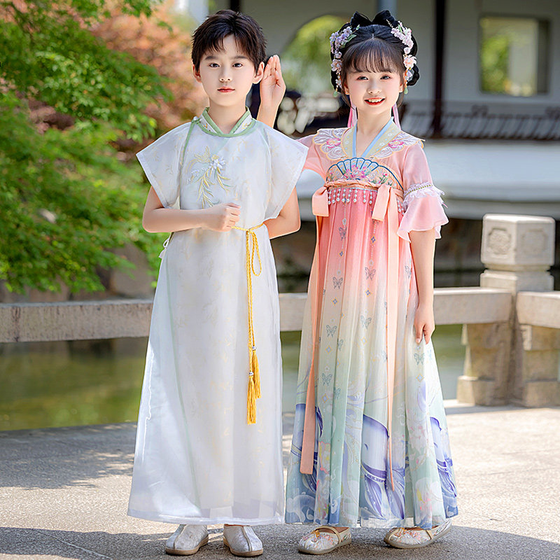 汉服男童2026新款中国风女童唐装夏季短袖国学古风儿童古装演出服