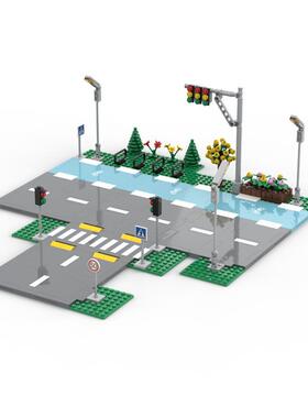 MOC小颗粒积木城市场景交通灯道路底板街景公路马路天桥60304零件