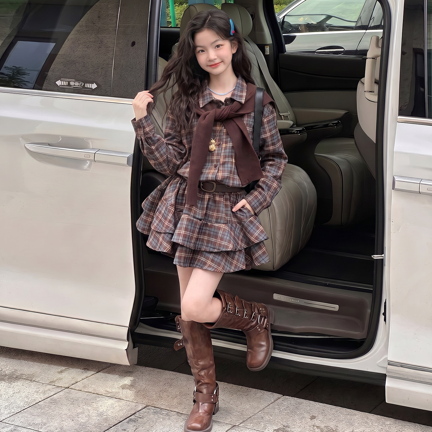 女童格子连衣裙春秋款2026新款洋气儿童女孩秋装超好看韩系衬衫裙