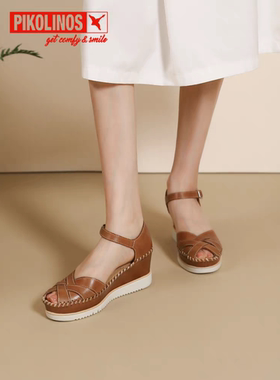 Pikolinos派高雁夏季擦色牛皮鱼嘴镂空一字式扣带凉鞋PM252105