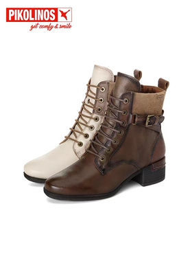 Pikolinos派高雁冬季多材质拼接圆头中粗跟拼色马丁靴PA222703