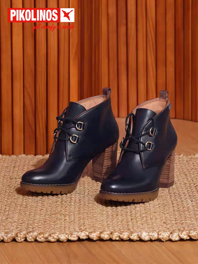 Pikolinos派高雁冬季新品牛皮超高粗跟系带圆头短靴PA237510,女鞋,马丁靴,淘宝优惠券,粉丝福利购,淘宝优惠卷