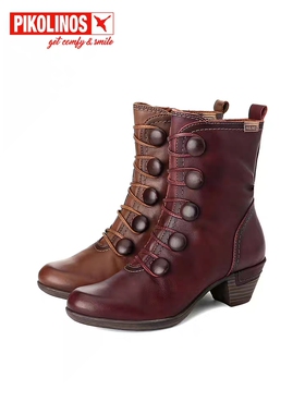 Pikolinos派高雁冬季牛皮擦色圆头锥形中跟马丁靴PA14034