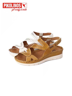 Pikolinos派高雁夏季牛皮露趾坡跟镂空一字扣带凉鞋PM19801