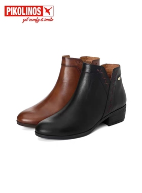 Pikolinos派高雁冬季牛皮圆头粗跟侧拉链休闲踝靴PA231413