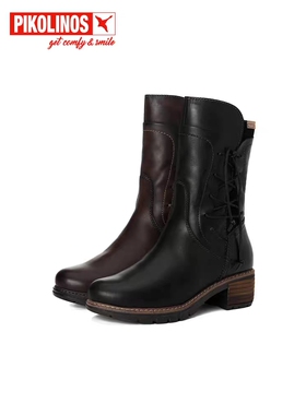 Pikolinos派高雁冬季多材质拼接粗跟侧拉链羊毛中筒靴PA230814