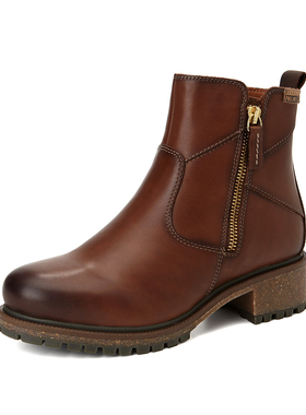 Pikolinos派高雁冬季牛皮纯羊毛圆头纯色中跟粗跟加绒短靴PA02205