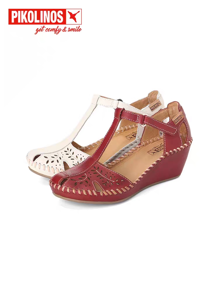 Pikolinos派高雁夏季牛皮包头坡跟镂空魔术贴凉鞋PM221314