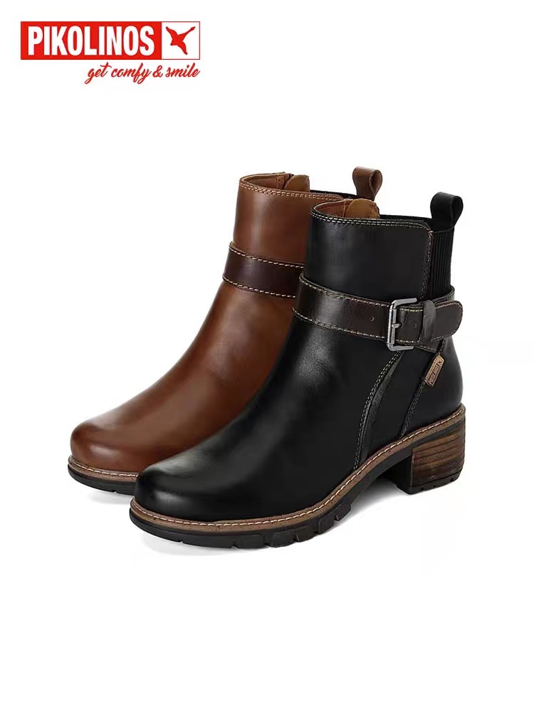Pikolinos派高雁冬季多材质拼接粗跟圆头休闲短靴PA220811,女鞋,马丁靴,淘宝优惠券,粉丝福利购,淘宝优惠卷