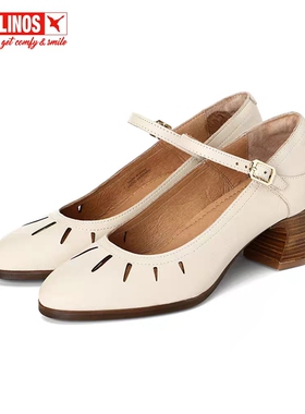 Pikolinos派高雁春季牛皮浅口套脚一字扣带粗跟单鞋PS236201