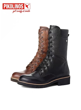 Pikolinos派高雁冬季牛皮圆头粗跟中跟纯色英伦马丁靴PA14615