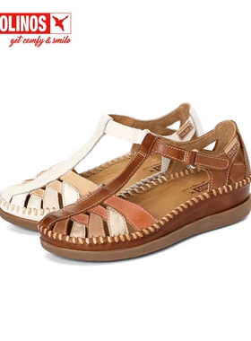 Pikolinos派高雁夏季多材质拼接包头坡跟魔术贴拼色凉鞋PM241011