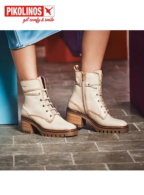 Pikolinos派高雁冬季多材质拼接粗高跟系带纯色马丁靴PA238001