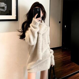 女潮 毛衣高腰显瘦半身裙套装 2026春秋新款 温柔风围巾领软糯针织衫