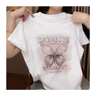 彩拔印花蝴蝶烫钻设计感短袖t恤女夏季新款时尚百搭纯棉修身上衣