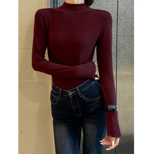 秋冬加绒可外穿半高领安卡拉红打底衫女内搭德绒高级修身长袖上衣