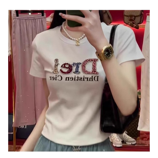 精梳棉字母烫钻印花t恤女2025新款夏季百搭显瘦白色短袖短款上衣