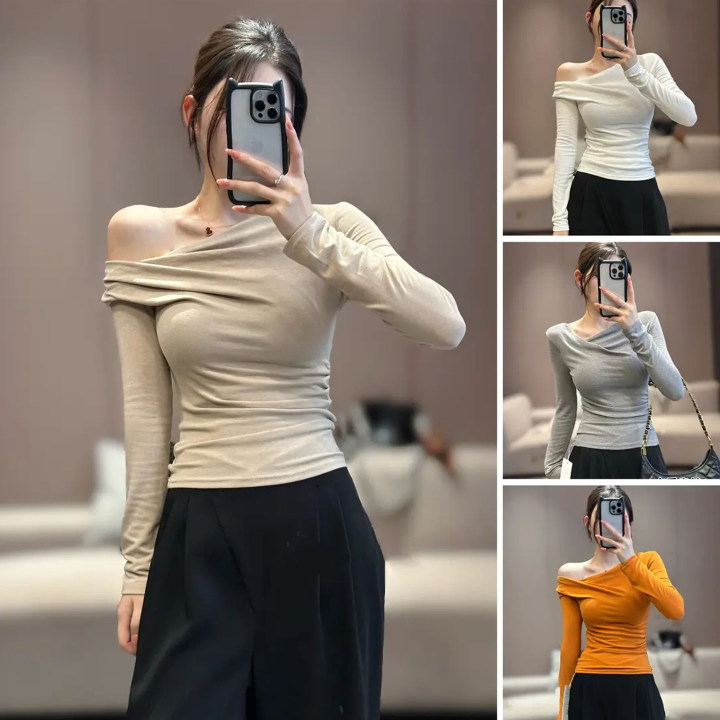 2025秋季新款设计感荡领斜肩长袖