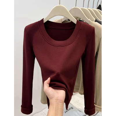 冬季新款U领长袖加绒磨毛打底衫