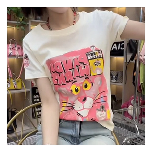 欧洲站粉红豹印花纯棉短袖T恤女夏新款时尚百搭修身显瘦打底上衣