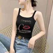 辣妹方领无袖 螺纹棉吊带修身 显瘦冰感重工烫钻背心女新款 性感背心