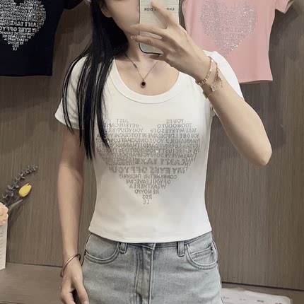 精梳棉爱心重工烫钻U领短袖t恤女2025新款夏季小个子小众短款上衣