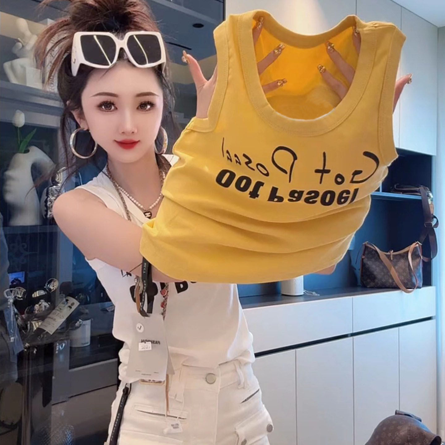 韩系chic纯欲风短款字母印花小吊带背心女外穿洋气内搭打底上衣潮