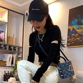 收腰打底衫 修身 t恤女春秋内搭韩范短款 正肩时髦破洞镂空黑色长袖