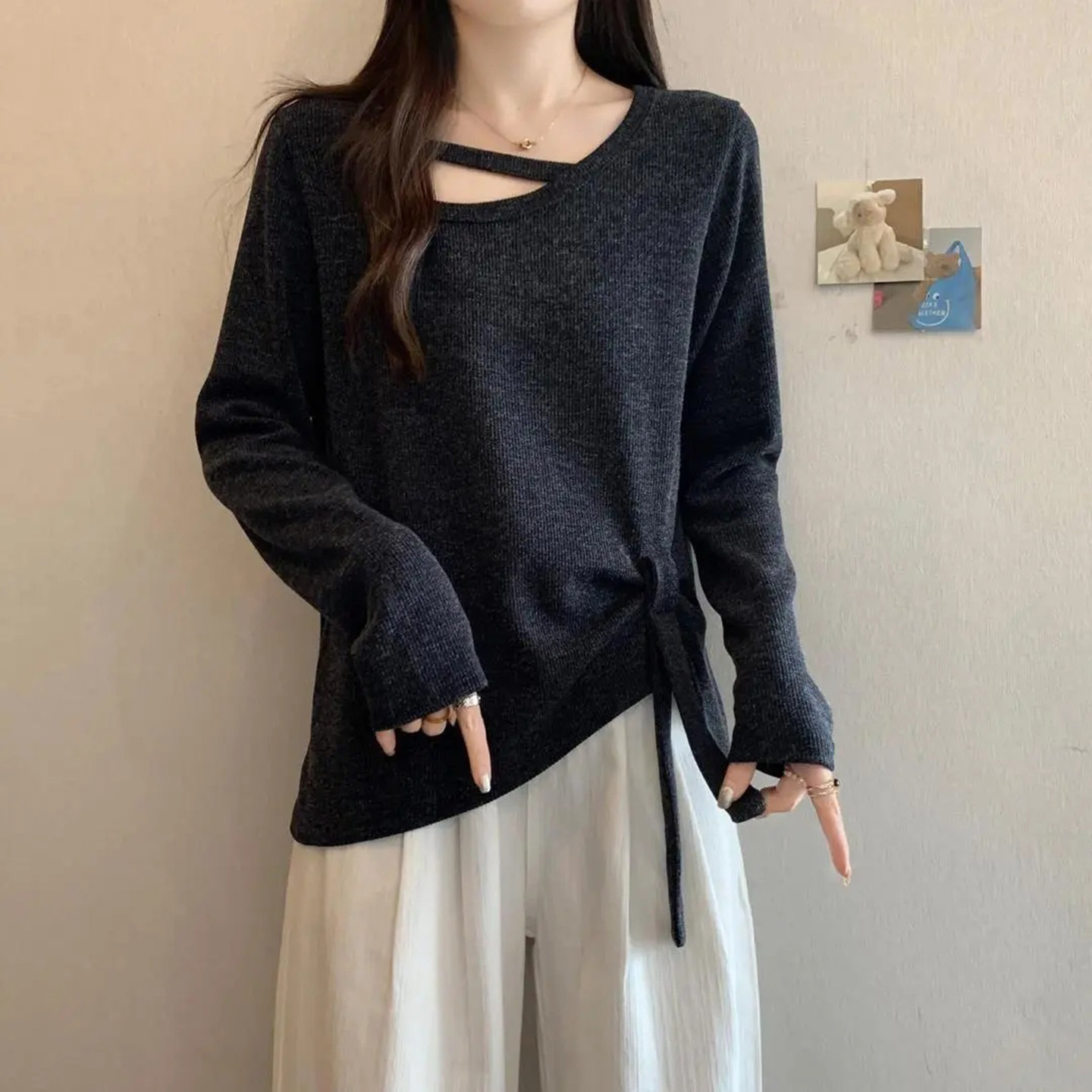 独特通勤风百搭大码不规则长袖T恤女春夏季胖mm内搭显瘦宽松上衣