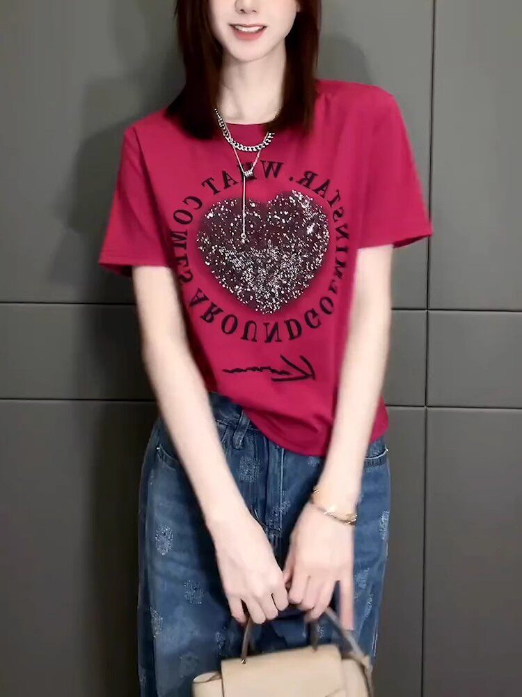 今年新款紫红色纯棉短袖T恤女夏季洋气宽松时尚街头质感减龄上衣