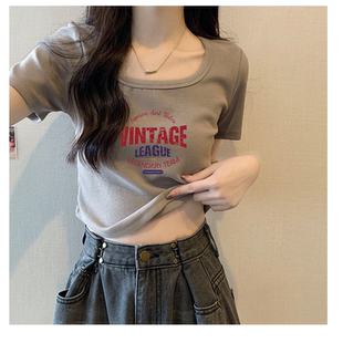 夏季设计感小众纯欲风甜辣妹性感弧度下摆纯棉短袖t恤女短款上衣